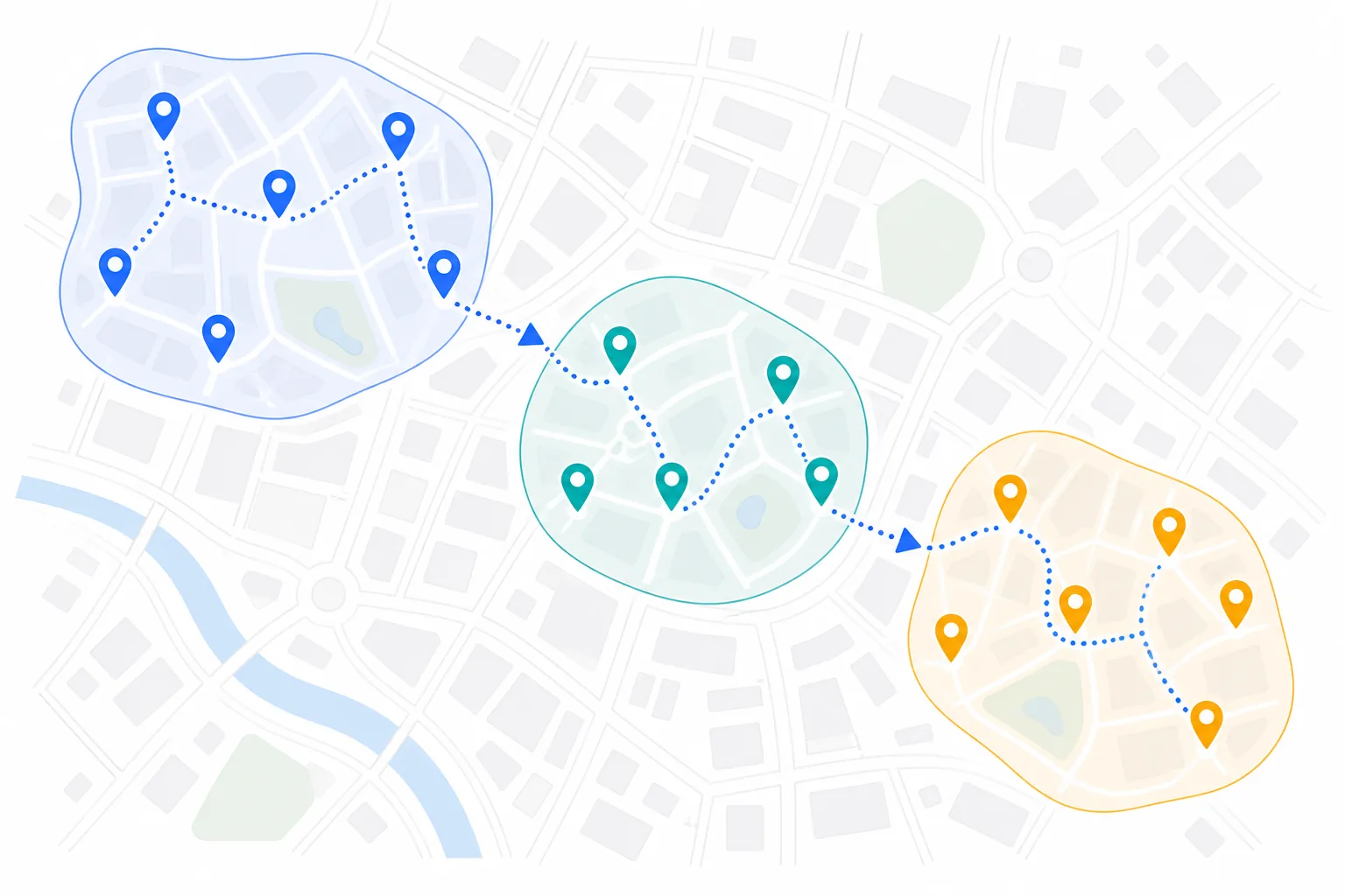 Saved pins grouped into three colored day clusters with a walking route through each