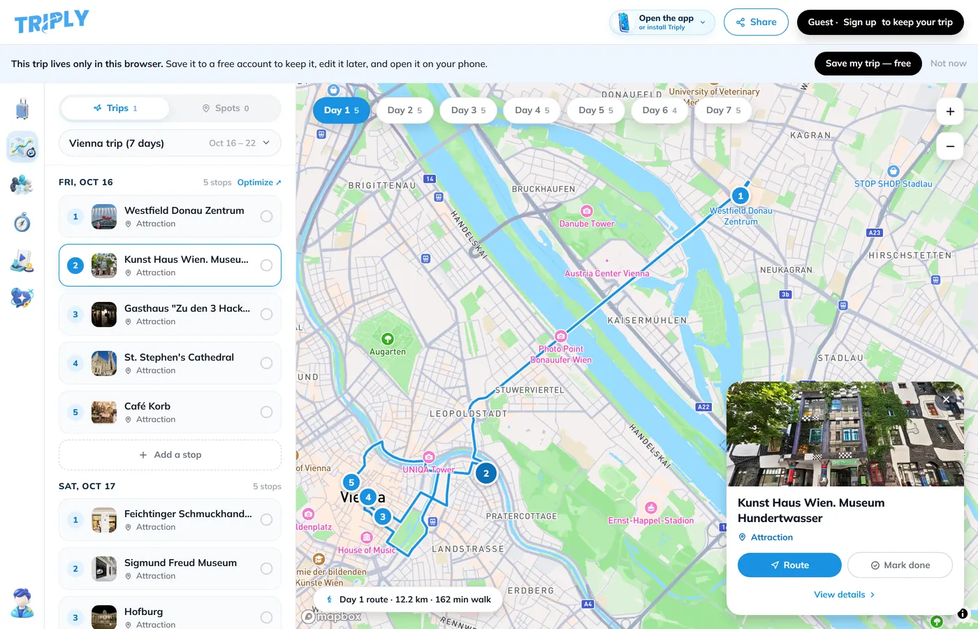 Verified places turned into a day-by-day trip in the Triply web planner, with the walking route for day one on the map