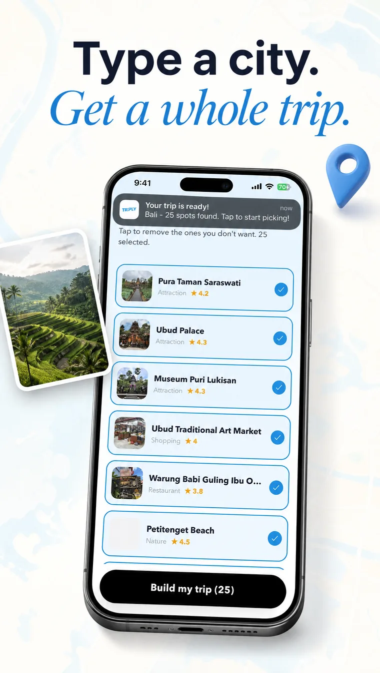 Type a city, get a whole trip — Triply spot picker