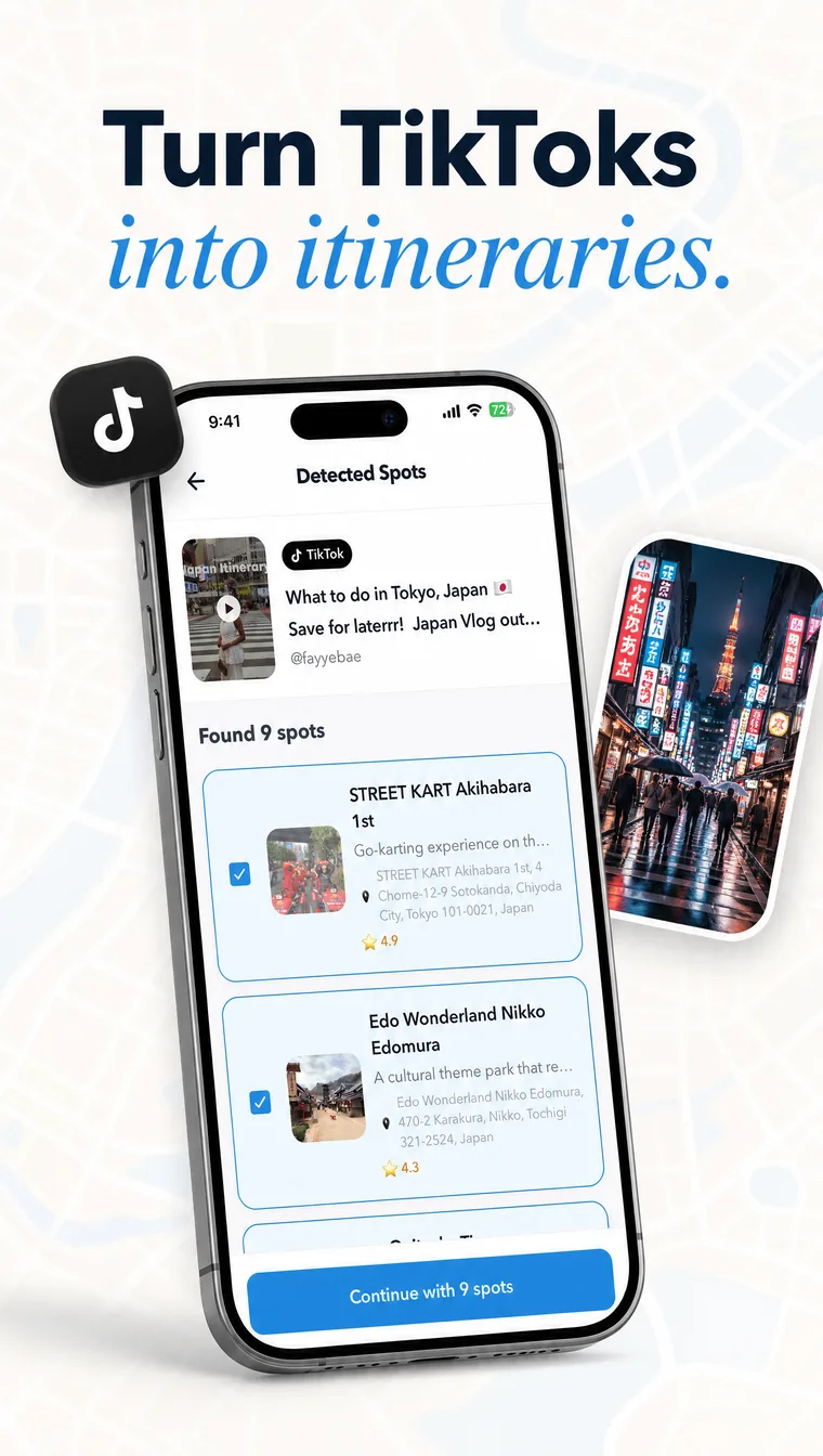 Turn TikToks into itineraries — imported spots from a TikTok video